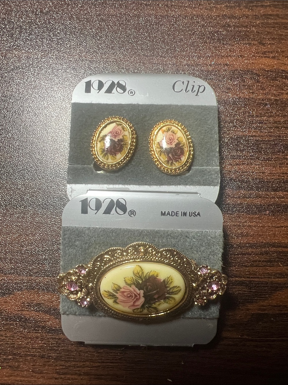 1928 Vintage  Pink and Gold Floral Porcelain Brooch and Clip Earrings Set